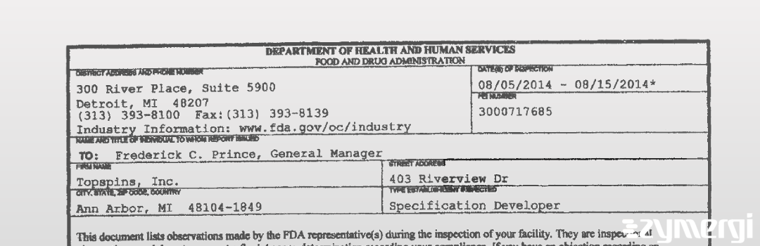 FDANews 483 Topspins, Inc. Aug 15 2014 top