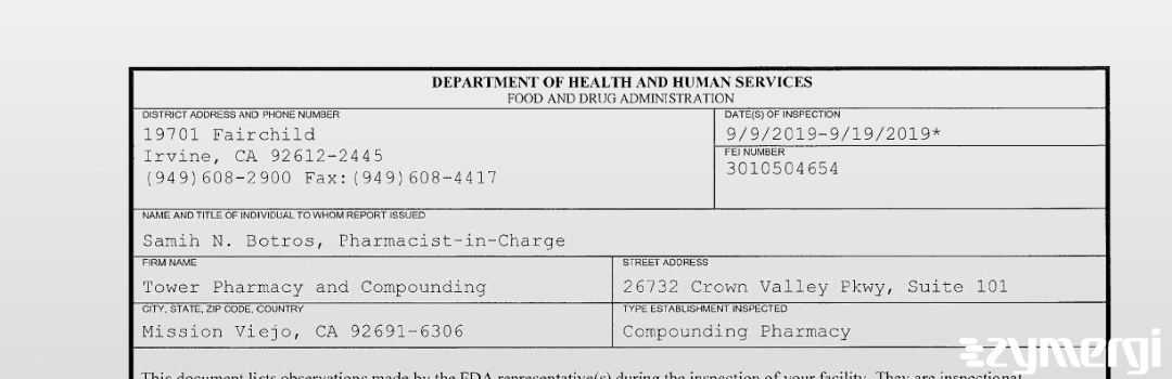 FDANews 483 Tower Pharmacy and Compounding Sep 19 2019 top