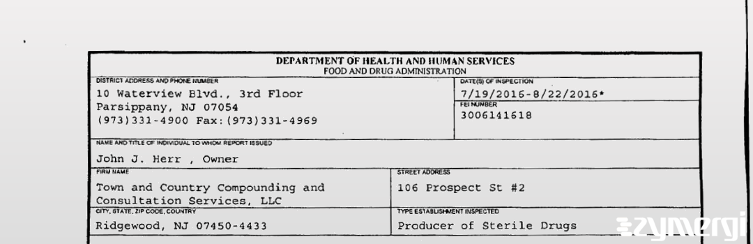 FDANews 483 Town and Country Compounding and Consultation Services, LLC Aug 22 2016 top