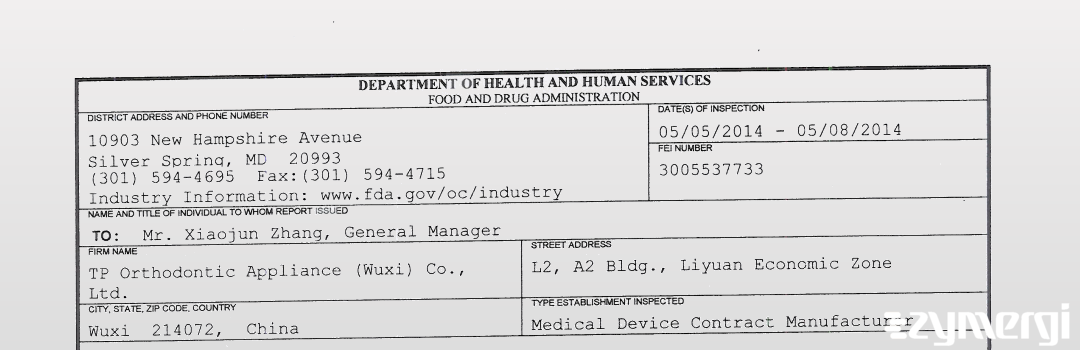 FDANews 483 TP Orthodontic Appliance (Wuxi) Co., Ltd. May 8 2014 top