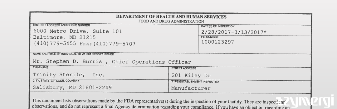 FDANews 483 Trinity Sterile,  Inc. Mar 13 2017 top