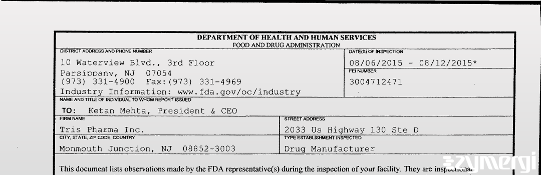 FDANews 483 Tris Pharma Inc. Aug 12 2015 top