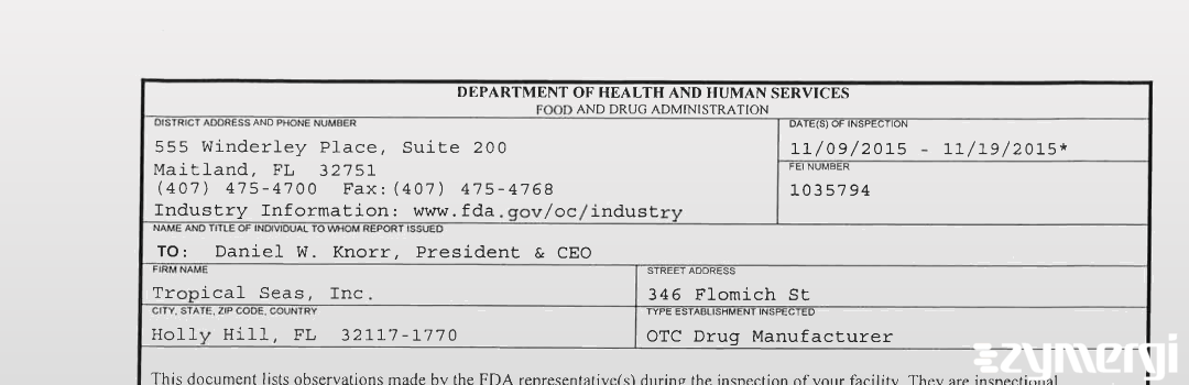 FDANews 483 Tropical Seas, Inc. Nov 19 2015 top