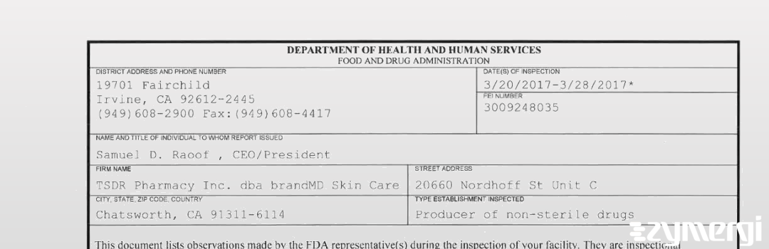 FDANews 483 TSDR Pharmacy Inc. dba brandMD Skin Care Mar 28 2017 top
