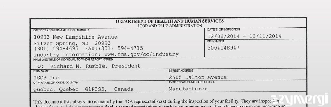 FDANews 483 TSO3 Inc. Dec 11 2014 top