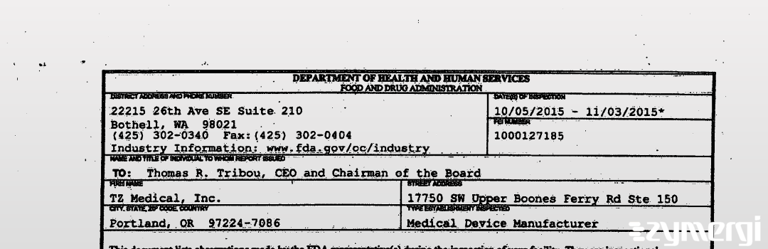 FDANews 483 TZ Medical, Inc. Nov 3 2015 top