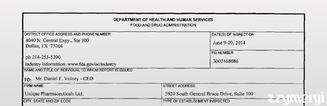 FDANews 483 Unique Pharmaceutical, Ltd Jun 20 2014 top