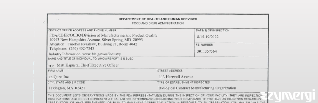 FDANews 483 Uniqure Inc Aug 19 2022 top