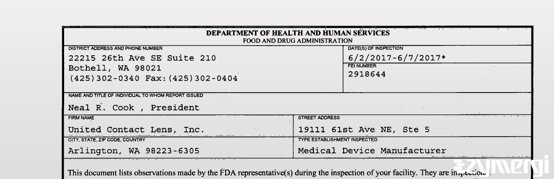 FDANews 483 United Contact Lens, Inc. Jun 7 2017 top