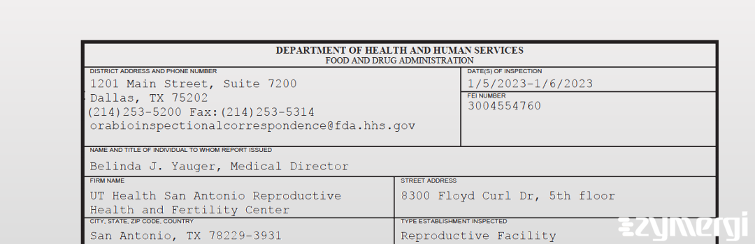 FDANews 483 UT Health San Antonio Reproductive Health and Fertility Center Jan 6 2023 top