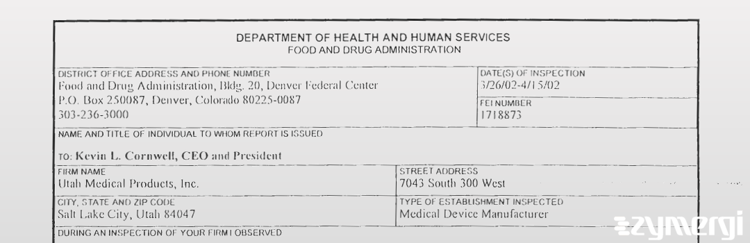 FDANews 483 Utah Medical Products, Inc Apr 15 2002 top