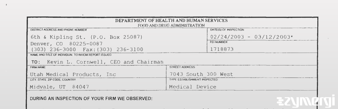 FDANews 483 Utah Medical Products, Inc Mar 12 2003 top