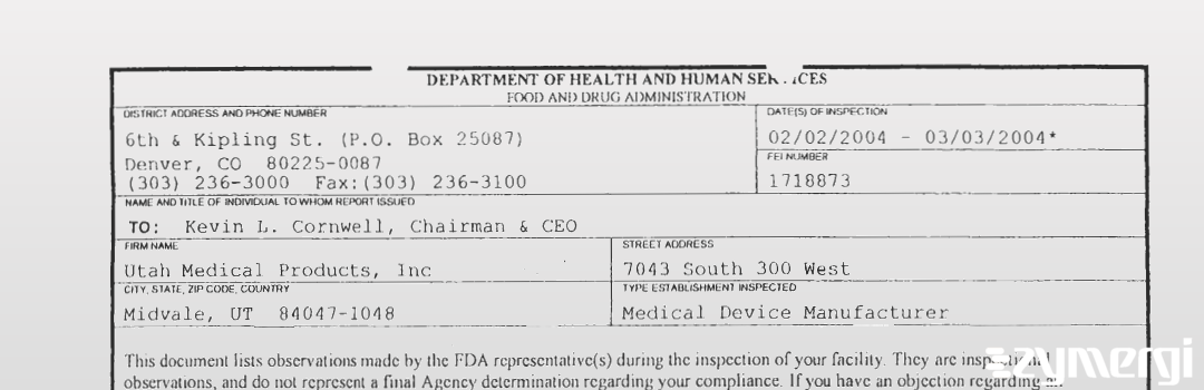FDANews 483 Utah Medical Products, Inc Mar 3 2004 top