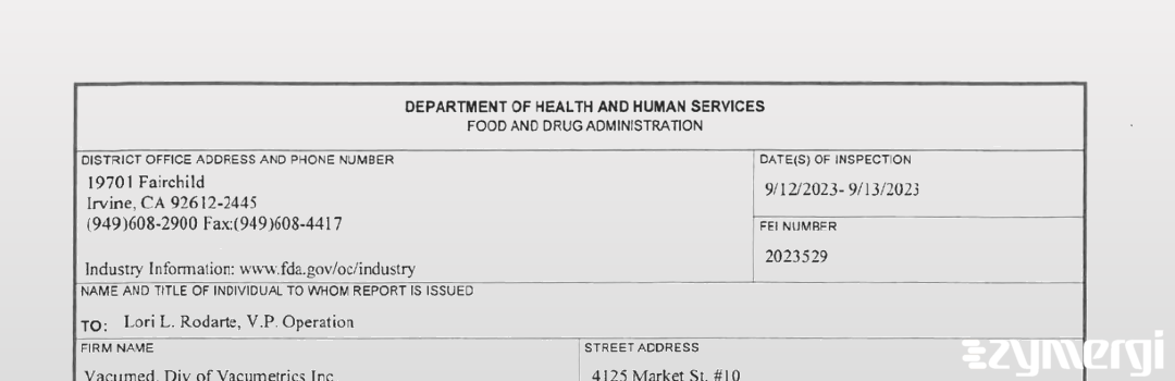 FDANews 483 Vacumed, Div of Vacumetrics Inc Sep 13 2023 top