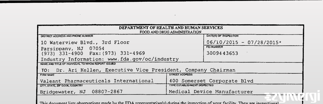 FDANews 483 Valeant Pharmacueticals International Jul 28 2015 top