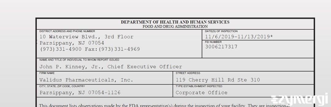 FDANews 483 Validus Pharmaceuticals, Inc. Nov 13 2019 top