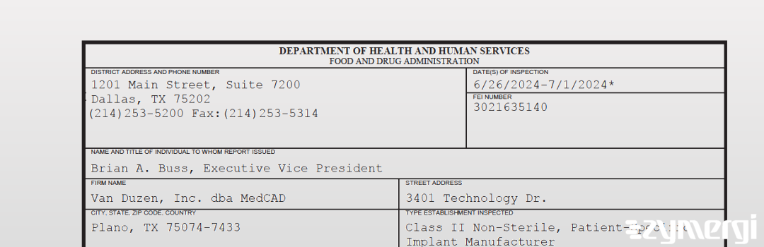 FDANews 483 Van Duzen, Inc. dba MedCAD Jul 1 2024 top