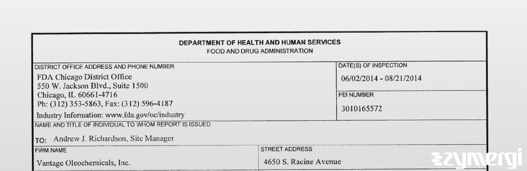 FDANews 483 VANTAGE OLEOCHEMICALS, INC. Aug 21 2014 top