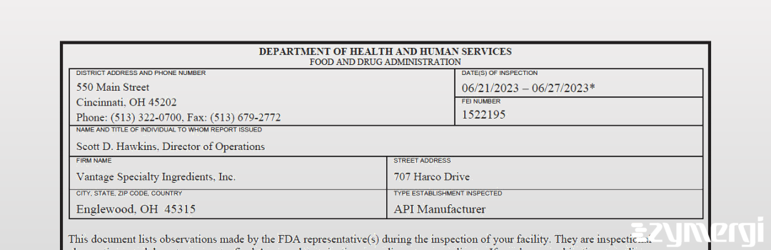 FDANews 483 Vantage Specialty Ingredients Inc Jun 27 2023 top