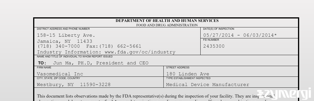 FDANews 483 Vasomedical Inc Jun 3 2014 top