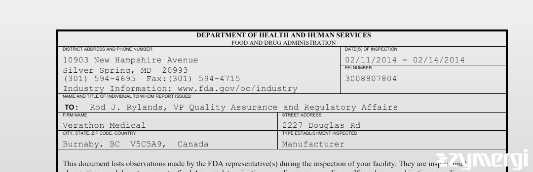 FDANews 483 Verathon Medical Feb 14 2014 top