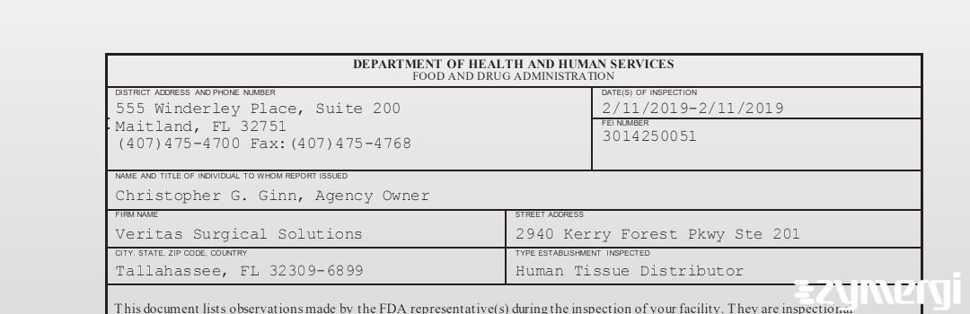 FDANews 483 Veritas Surgical Solutions Feb 11 2019 top