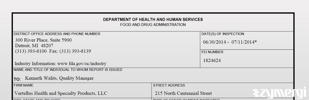 FDANews 483 Vertellus Health and Specialty Products LLC Jul 11 2014 top