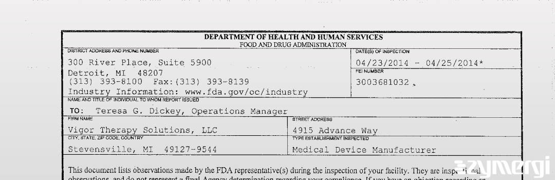 FDANews 483 Vigor Therapy Solutions, LLC Apr 25 2014 top