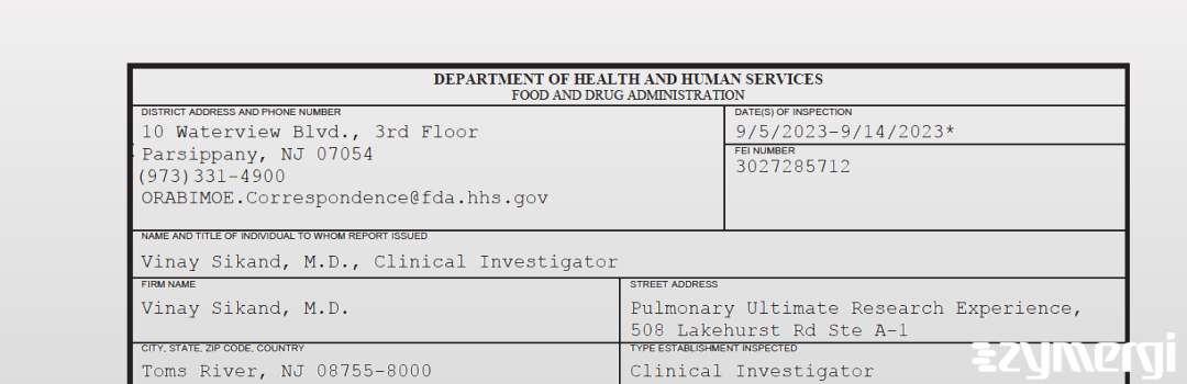 FDANews 483 Vinay Sikand, M.D. Sep 14 2023 top