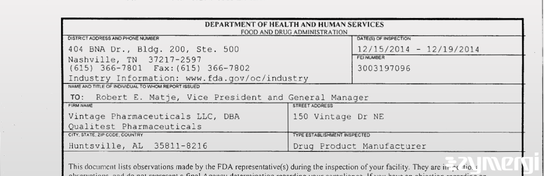 FDANews 483 Vintage Pharmaceuticals LLC dba Qualitest Pharmaceuticals Dec 19 2014 top