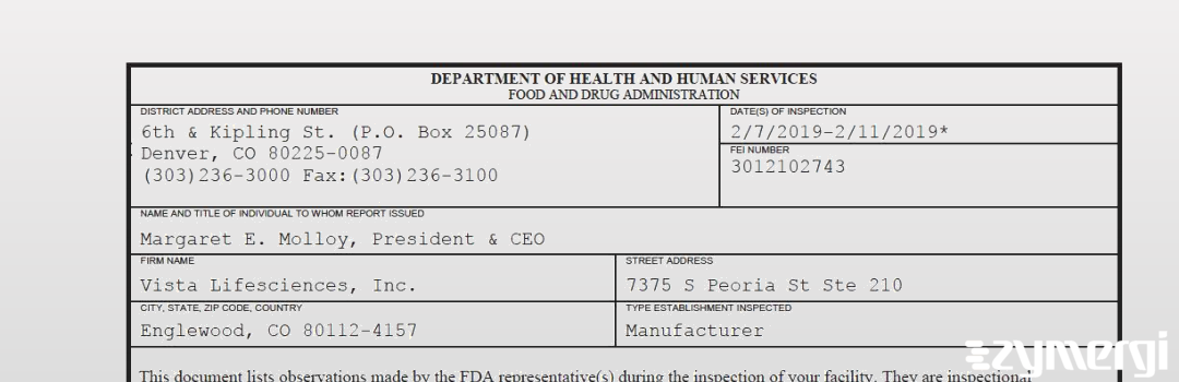 FDANews 483 Vista Lifesciences, Inc. Feb 11 2019 top