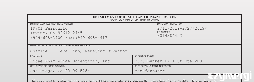 FDANews 483 Vitae Enim Vitae Scientific, Inc. Feb 27 2019 top