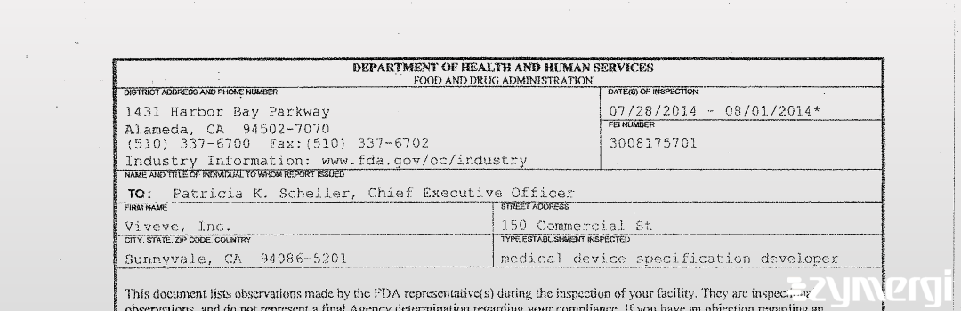 FDANews 483 Viveve, Inc. Aug 1 2014 top