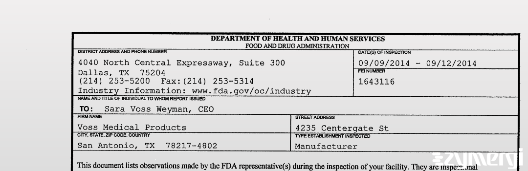 FDANews 483 Voss Medical Products Sep 12 2014 top