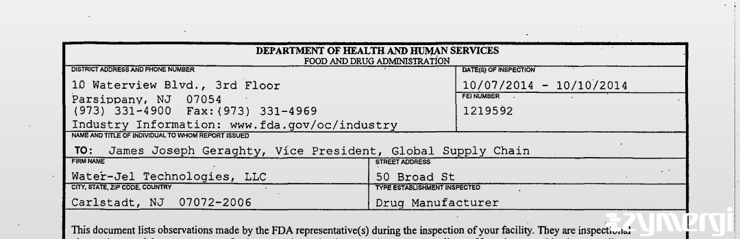 FDANews 483 Water-Jel Technologies, LLC Oct 10 2014 top