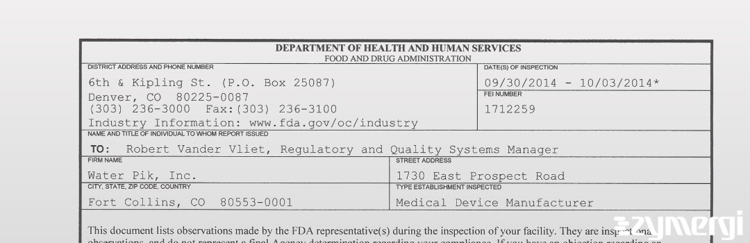 FDANews 483 Water Pik, Inc. Oct 3 2014 top