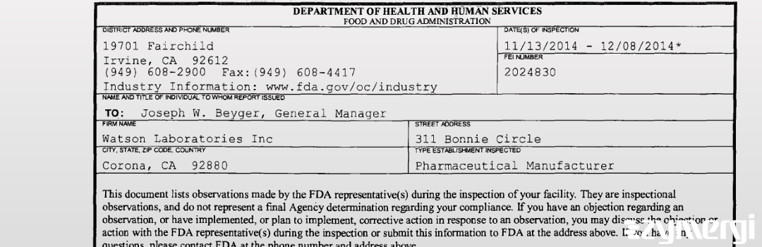 FDANews 483 Watson Laboratories, Inc. Dec 8 2014 top