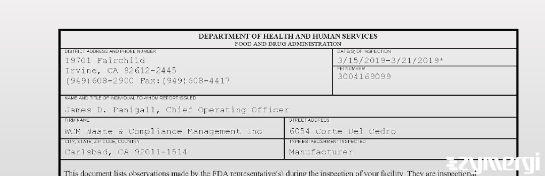 FDANews 483 WCM Waste & Compliance Management Inc Mar 21 2019 top