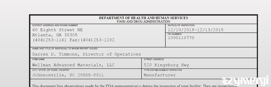 FDANews 483 Wellman Advanced Materials, LLC Dec 13 2018 top