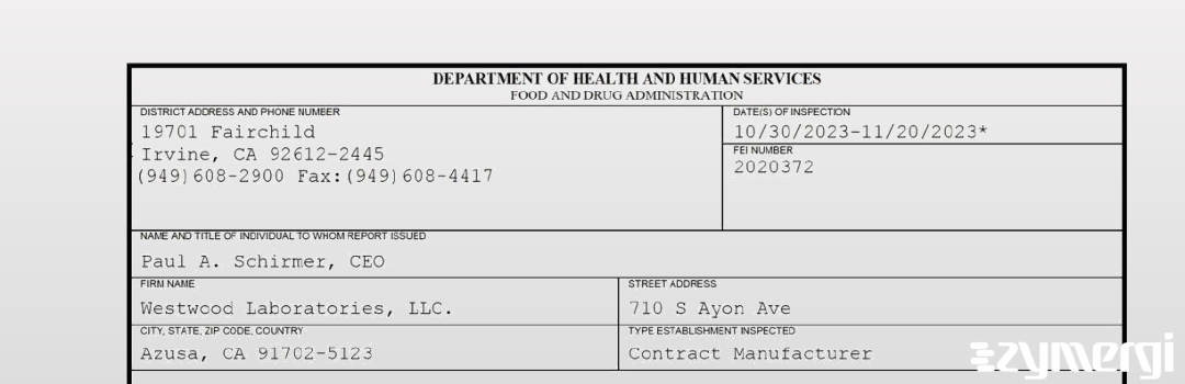 FDANews 483 Westwood Laboratories, LLC. Nov 20 2023 top