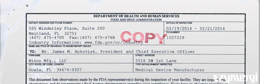 FDANews 483 Winco Mfg., LLC Feb 21 2014 top