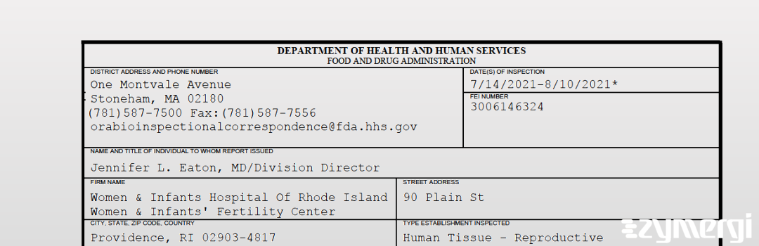 FDANews 483 Women & Infants Hospital Of Rhode Island  Women & Infants' Fertility Center Aug 10 2021 top