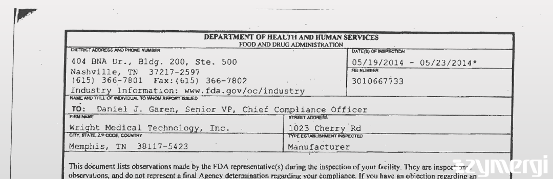 FDANews 483 Wright Medical Technology Inc May 23 2014 top