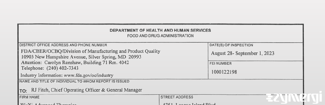 FDANews 483 WuXi Advanced Therapies Sep 1 2023 top