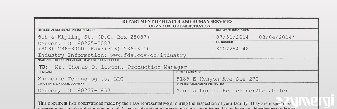 FDANews 483 Xanacare Technologies, LLC Aug 4 2014 top