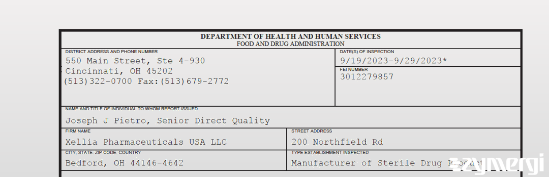 FDANews 483 Xellia Pharmaceuticals USA LLC Sep 29 2023 top
