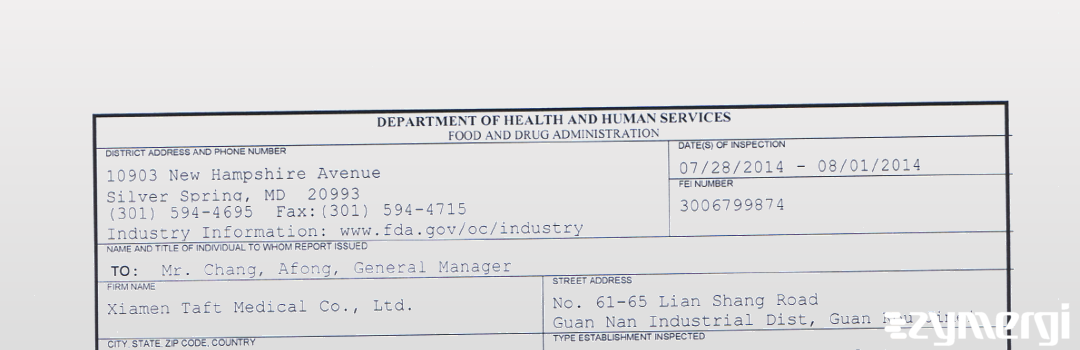 FDANews 483 Xiamen Taft Medical Co., Ltd. Aug 1 2014 top