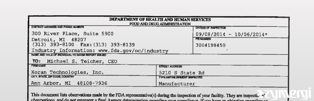 FDANews 483 Xoran Technologies, LLC Oct 6 2014 top