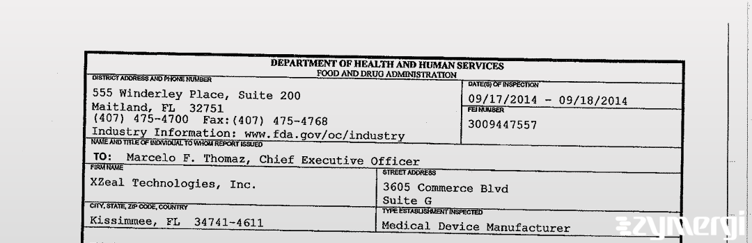 FDANews 483 XZeal Technologies, Inc. Sep 18 2014 top
