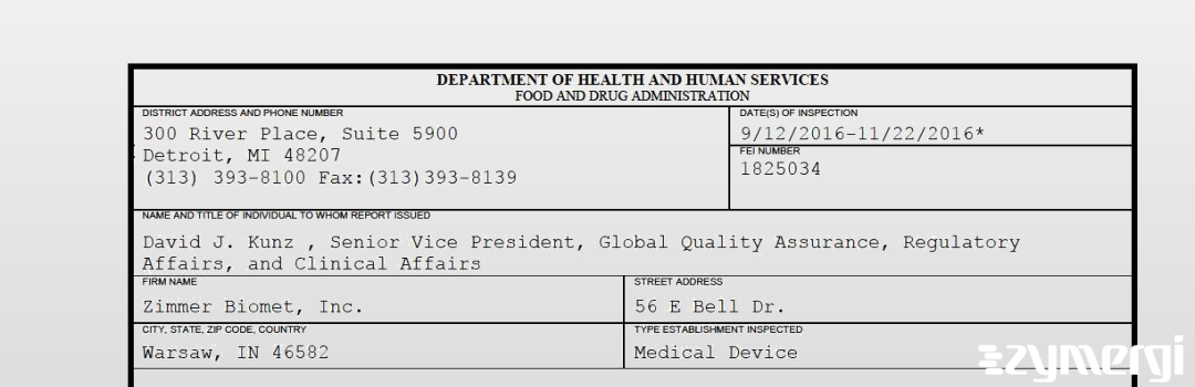 FDANews 483 Zimmer Biomet, Inc. Nov 22 2016 top